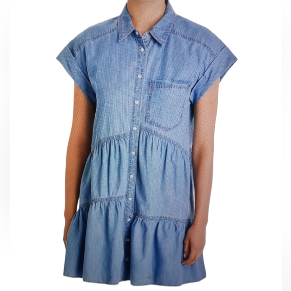 Veronica Beard Dresses & Skirts - Veronica Beard Pale Stone Denim Harrow Tiered Short sleeve Mini Dress Size 4